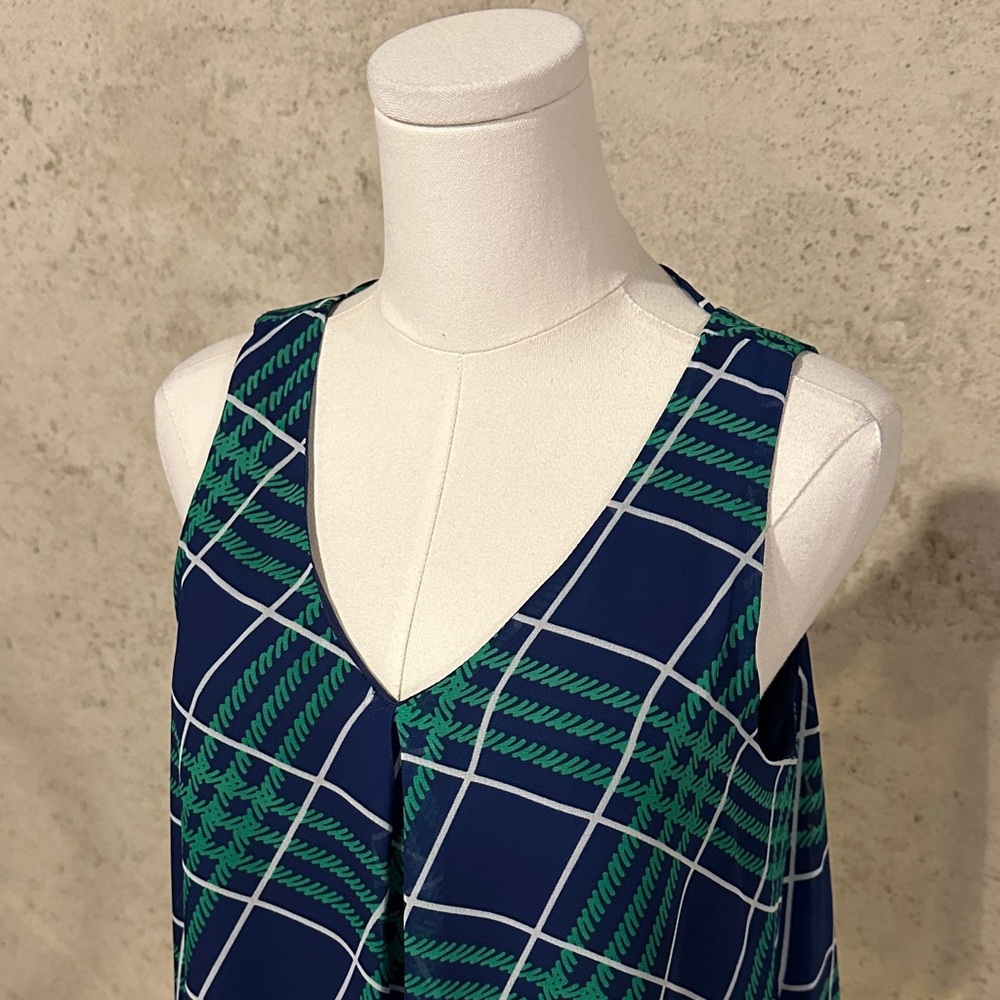Crescent Navy & Green Plaid Sleeveless A-Line Dress | Resortwear | Size M - Picture 3 of 6